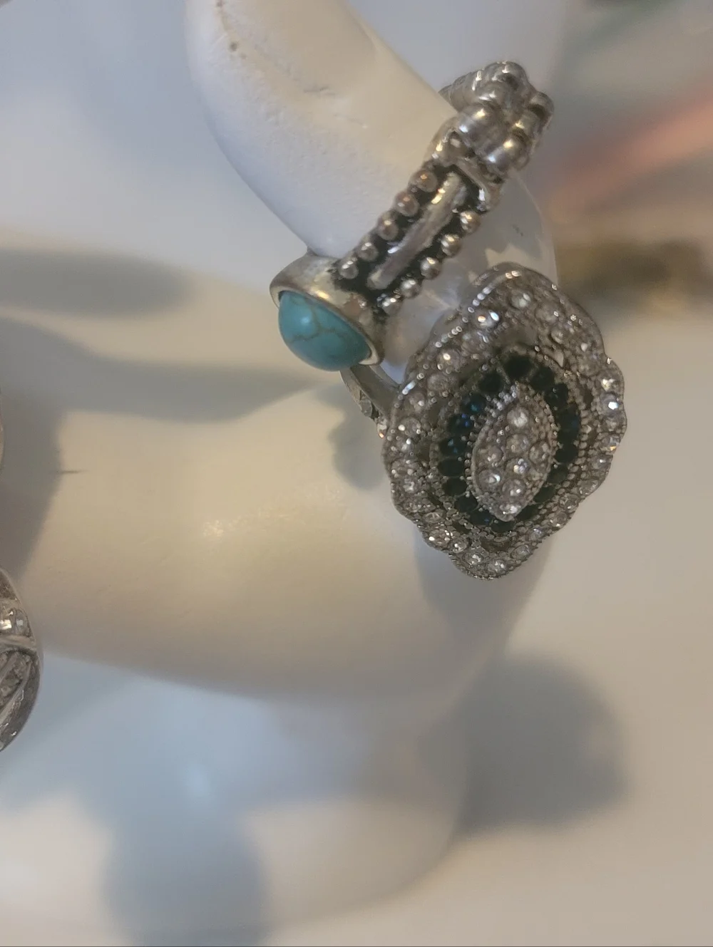 Silver Tone Statement Ring Lot | Mixed Sizes CZ Turquoise Cocktail Rings - Picture 3 of 6